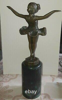 Bronze Ballerina Danceous Green Marble Art Deco After F. Preiss Signed Poinçon