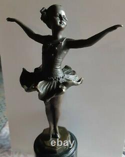 Bronze Ballerina Danceous Green Marble Art Deco After F. Preiss Signed Poinçon