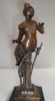 Bronze Bird Statue - Nude Demoiselle in Art Deco and Art Nouveau Style