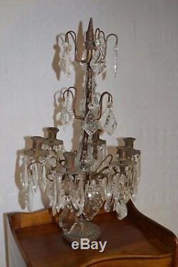 Bronze Candlestick / Girandole With Glass Pendants