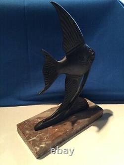 Bronze Fish On Ancient Marble Base, Art Deco Style, Beautiful Patina