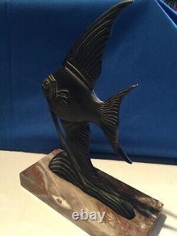 Bronze Fish On Ancient Marble Base, Art Deco Style, Beautiful Patina