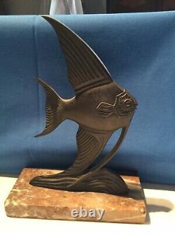 Bronze Fish On Ancient Marble Base, Art Deco Style, Beautiful Patina