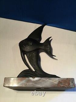 Bronze Fish On Ancient Marble Base, Art Deco Style, Beautiful Patina