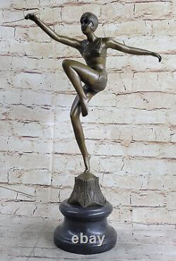 Bronze Font On Marble Base Statue Sculpture Nude Girl Dancer Art Deco New