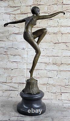 Bronze Font On Marble Base Statue Sculpture Nude Girl Dancer Art Deco New