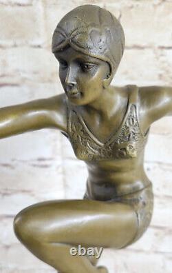 Bronze Font On Marble Base Statue Sculpture Nude Girl Dancer Art Deco New