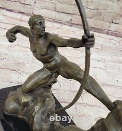 Bronze Metal Art Deco Classical Male Archer Knot Arrow Marble Statue