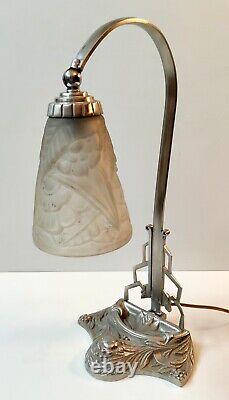 Bronze Nickel Desk Lamp with Pressed Glass Tulip and Art Deco Embossed Fruit