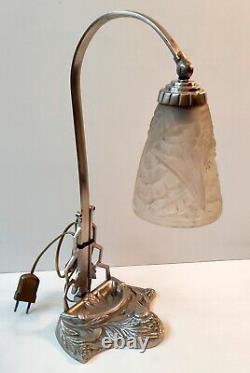 Bronze Nickel Desk Lamp with Pressed Glass Tulip and Art Deco Embossed Fruit