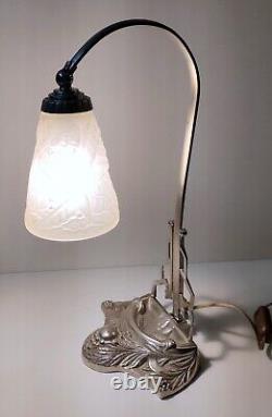 Bronze Nickel Desk Lamp with Pressed Glass Tulip and Art Deco Embossed Fruit