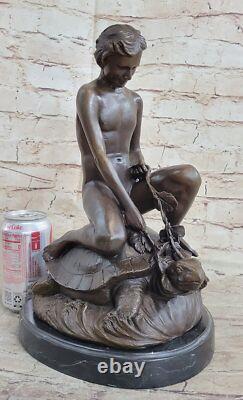 Bronze Sculpture Chair Boy With Turtle Art Deco Figurine Statue Home Decor
