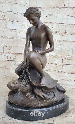 Bronze Sculpture Chair Boy With Turtle Art Deco Figurine Statue Home Decor