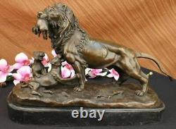 Bronze Sculpture Male Lion With Cubs Art Deco Large Figurine in Lost Wax