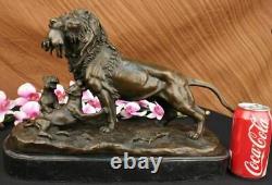 Bronze Sculpture Male Lion With Cubs Art Deco Large Figurine in Lost Wax