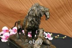 Bronze Sculpture Male Lion With Cubs Art Deco Large Figurine in Lost Wax