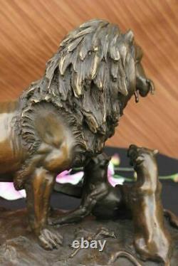 Bronze Sculpture Male Lion With Cubs Art Deco Large Figurine in Lost Wax