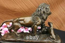 Bronze Sculpture Male Lion With Cubs Art Deco Large Figurine in Lost Wax