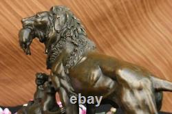 Bronze Sculpture Male Lion With Cubs Art Deco Large Figurine in Lost Wax