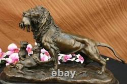 Bronze Sculpture Male Lion With Cubs Art Deco Large Figurine in Lost Wax