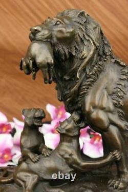 Bronze Sculpture Male Lion With Cubs Art Deco Large Figurine in Lost Wax