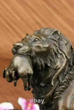 Bronze Sculpture Male Lion With Cubs Art Deco Large Figurine in Lost Wax