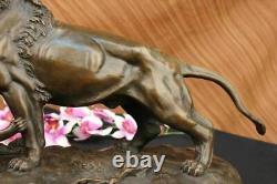 Bronze Sculpture Male Lion With Cubs Art Deco Large Figurine in Lost Wax