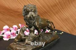 Bronze Sculpture Male Lion With Cubs Art Deco Large Figurine in Lost Wax