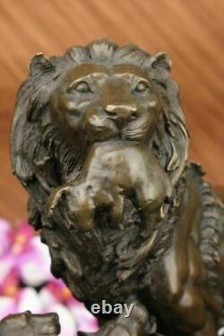 Bronze Sculpture Male Lion With Cubs Art Deco Large Figurine in Lost Wax