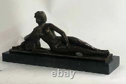 Bronze Sculpture Statue Art Deco Signed L. Bruns France Nude Woman With Elle Chien