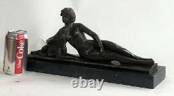 Bronze Sculpture Statue Art Deco Signed L. Bruns France Nude Woman With Elle Chien