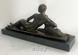 Bronze Sculpture Statue Art Deco Signed L. Bruns France Nude Woman With Elle Chien