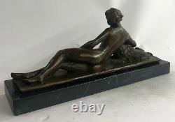 Bronze Sculpture Statue Art Deco Signed L. Bruns France Nude Woman With Elle Chien