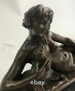 Bronze Sculpture Statue Art Deco Signed L. Bruns France Nude Woman With Elle Chien