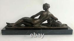 Bronze Sculpture Statue Art Deco Signed L. Bruns France Nude Woman With Elle Chien