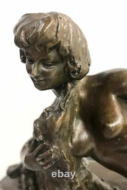 Bronze Sculpture Statue Art Deco Signed L. Bruns France Nude Woman With Elle Chien