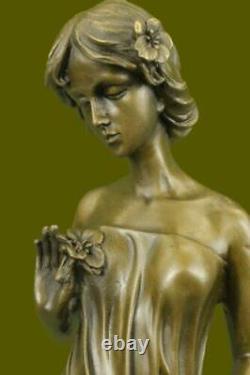 Bronze Sculpture Young Woman Gazes In A Flower By Moreau Art Nouveau Deco