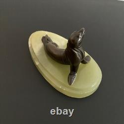 Bronze Seal with Chocolate Patina Art Deco 1930 Onyx Base M2602