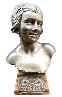 Bronze Silver By Herman Heusers Art Deco Bust Young Girl 1930 Onyx M803