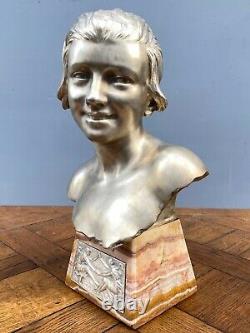 Bronze Silver By Herman Heusers Art Deco Bust Young Girl 1930 Onyx M803