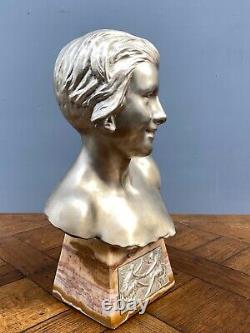 Bronze Silver By Herman Heusers Art Deco Bust Young Girl 1930 Onyx M803