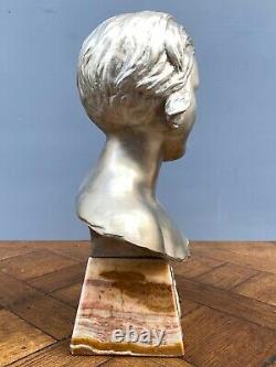 Bronze Silver By Herman Heusers Art Deco Bust Young Girl 1930 Onyx M803