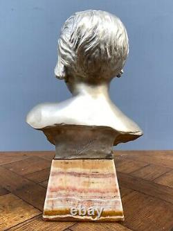 Bronze Silver By Herman Heusers Art Deco Bust Young Girl 1930 Onyx M803