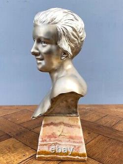 Bronze Silver By Herman Heusers Art Deco Bust Young Girl 1930 Onyx M803