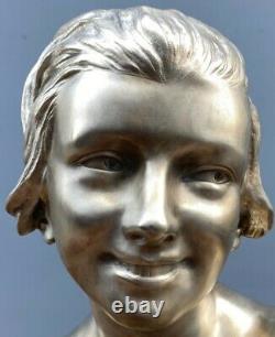 Bronze Silver By Herman Heusers Art Deco Bust Young Girl 1930 Onyx M803