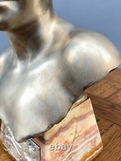 Bronze Silver By Herman Heusers Art Deco Bust Young Girl 1930 Onyx M803
