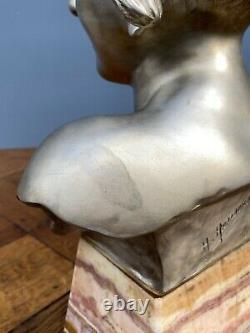 Bronze Silver By Herman Heusers Art Deco Bust Young Girl 1930 Onyx M803