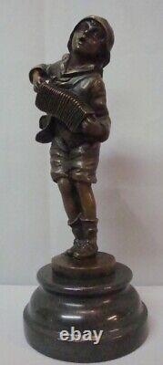 Bronze Statue Boy Accordion Art Deco Style Art Nouveau Signed