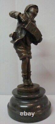 Bronze Statue Boy Accordion Art Deco Style Art Nouveau Signed