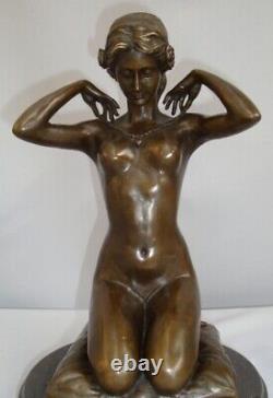 Bronze Statue: Nude Lady with Sexy Art Deco Style Necklace and Art Nouveau Style